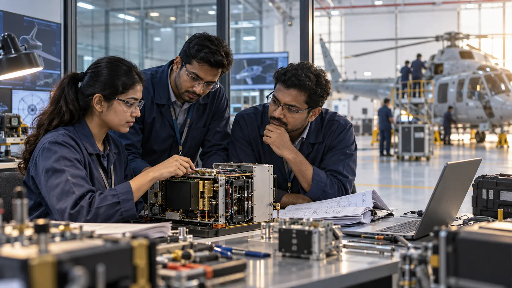 Bangladeshi aerospace engineers examining an avionics module inside a modern maintenance facility