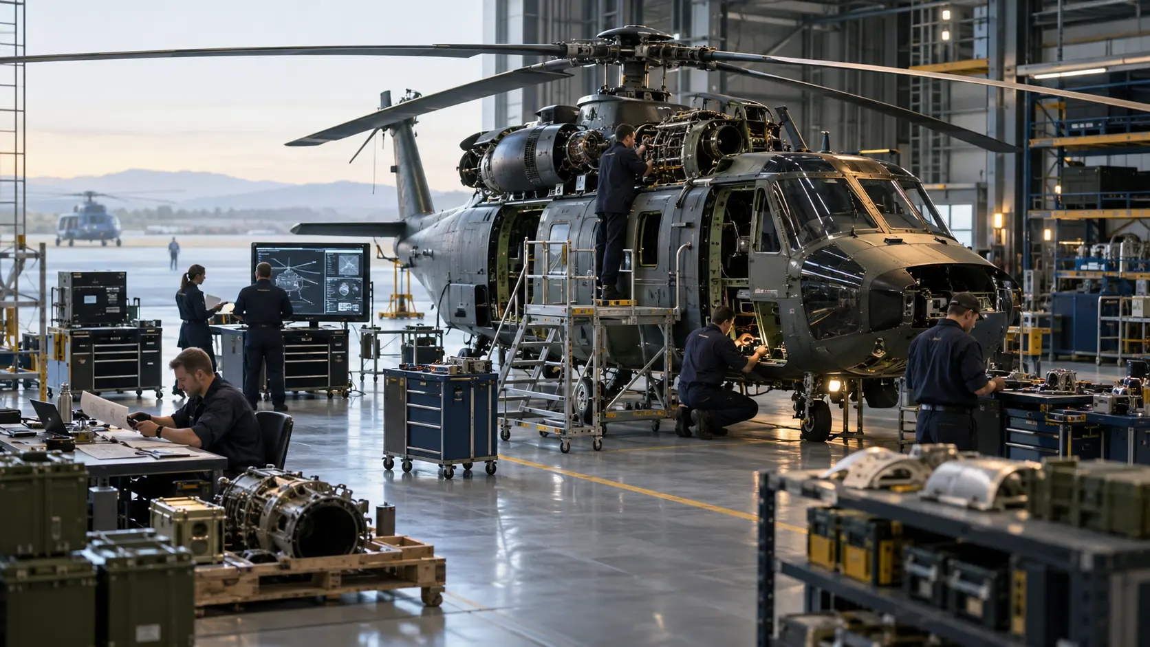Integrated helicopter maintenance, diagnostics, parts and planning inside an MRO hangar