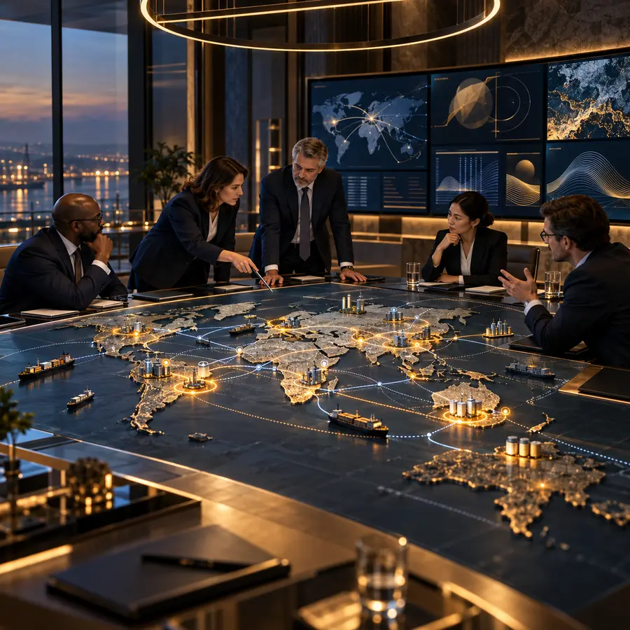International executive team coordinating decisions around connected market intelligence