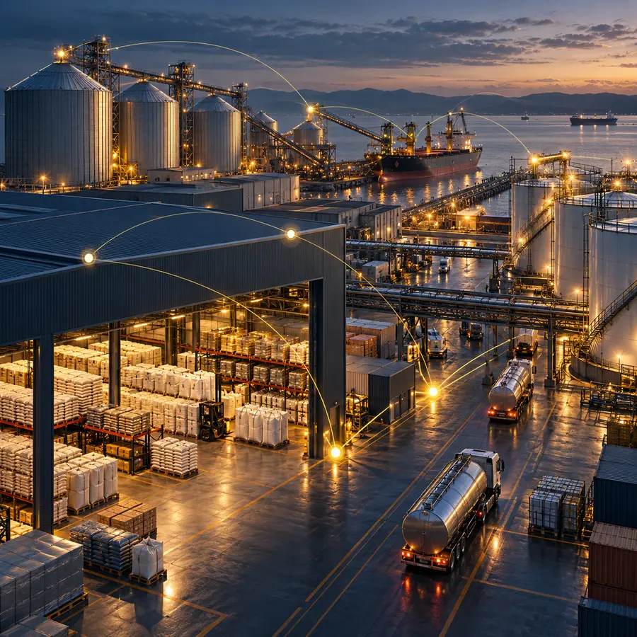 Connected commodity warehouses, silos, inventory and transport movements