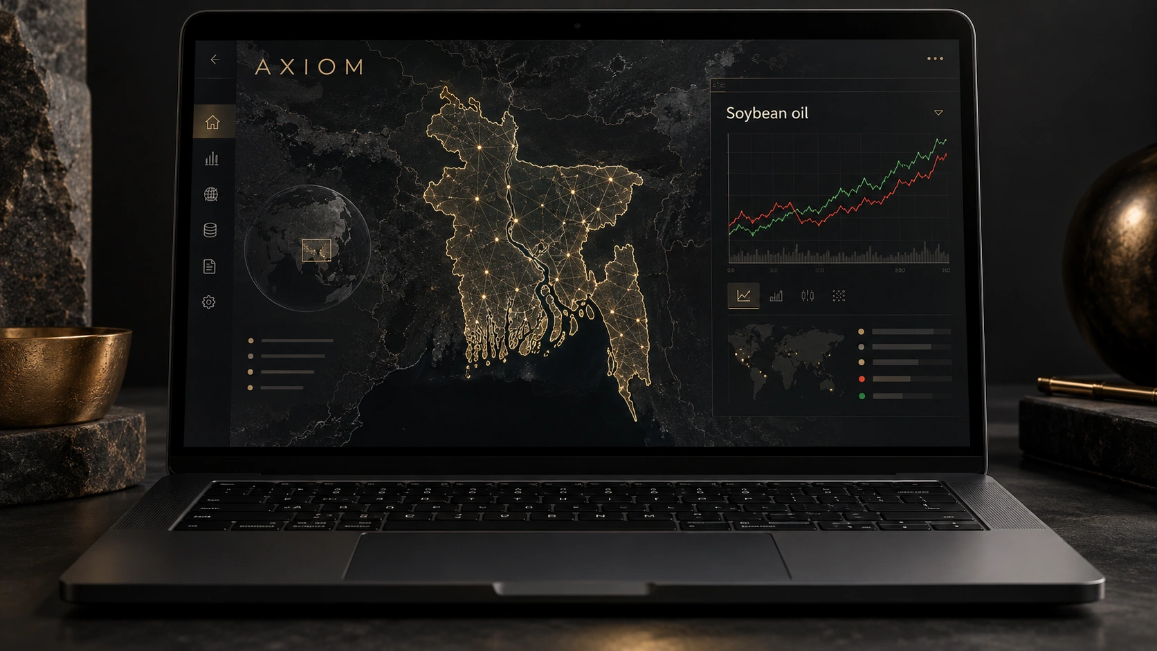 Illustrative AXIOM commodity-monitoring dashboard on a laptop