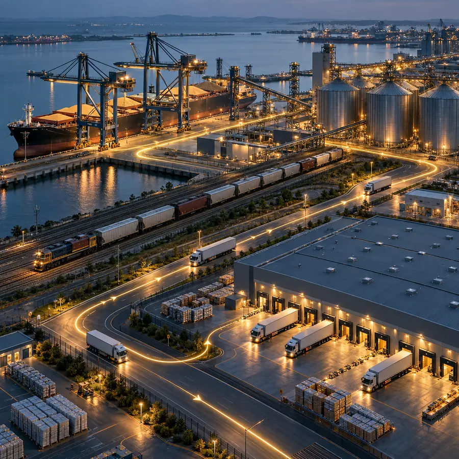 Coordinated port, rail, road, storage and warehouse supply chain